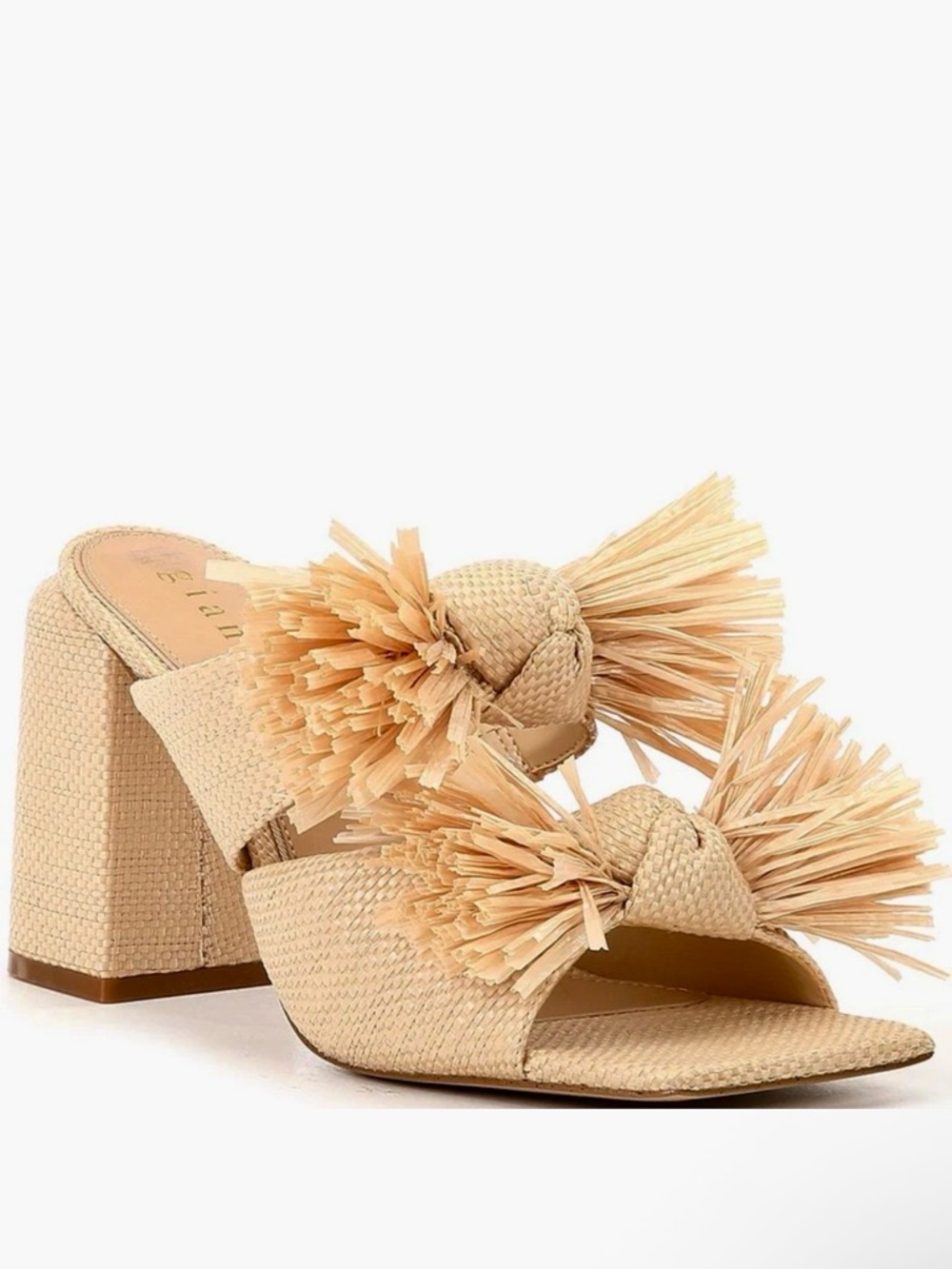 Gianni Bini Maguire Natural Raffia Tassel Block Heel Mules